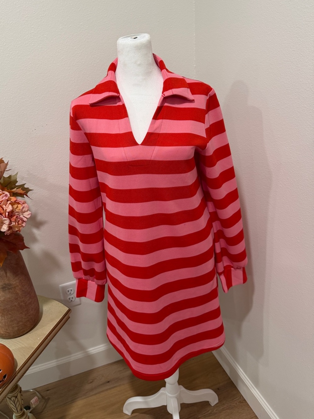 Source Unknown Red and Pink Striped V‑Neck Mini Dress